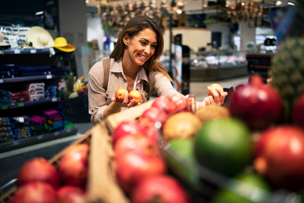 mujer eligiendo cuidadosamente frutas su ensalada supermercado 342744 1092